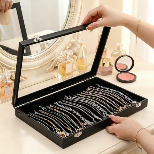 Elsjoy 2 Pack Necklace Organizer Box, Premium Necklace Display Cases with Transparent Glass Lid, Black Velvet Necklace Storage Holder Box, 40 Hooks (20 Per Box)