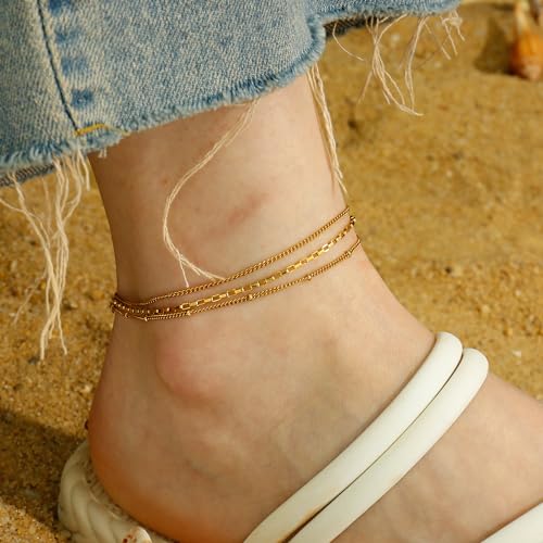 Gold Plated Ankle Bracelets For Women Waterproof,18k Gold Plated Anklets Layered Thin Snake Chain Herringbone Anklets Non Tarnish Stainless Steel Dainty Summer Jewelry Set Gift For Women - color: GOLD-2701