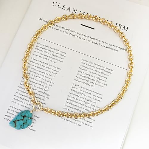 Zeffy 14K Gold/Silver Plated Chunky Thick Chain Toggle Clasp Necklace Dainty Baroque Pearl/Heart/Cross/Turquoise Pendant Necklace - color: Gold Turquoise Necklace