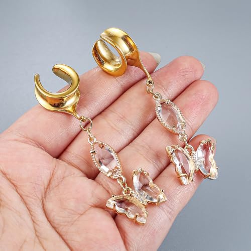 1 Pair Saddle Gauges Earring with Green Crystal Stone Ear Dangle Plugs Tunnels 00G 6mm-25mm (0G-1") Body Piercing Jewelry - color: Gold-1613, size: 6 mm
