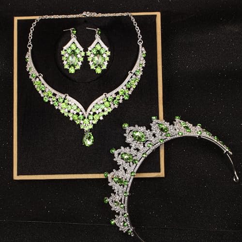 Crowns and Tiaras jewelry sets for Wedding princess birthday party Halloween Prom Pageant Jewelry for Women Crystal Bridal Jewelry Set for women - color: Silver Green