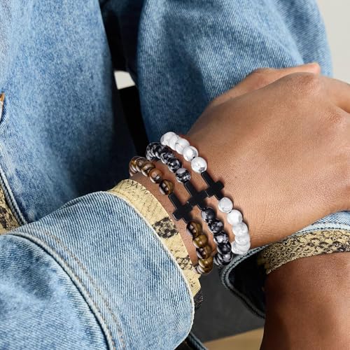 Mens Beaded Bracelets Set 8MM Tiger Eye Lava Stone Stretch Natural Stone Men's Bead Bracelet Mens Bracelet - color: 4,Cross-Bracelet-A