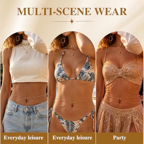Buelkmag Waist Chain for Women Layered Gold and Silver Toned Belly Chains | Adjustable Waterproof Body Jewelry Summer Beach Bikini and Daily Wear