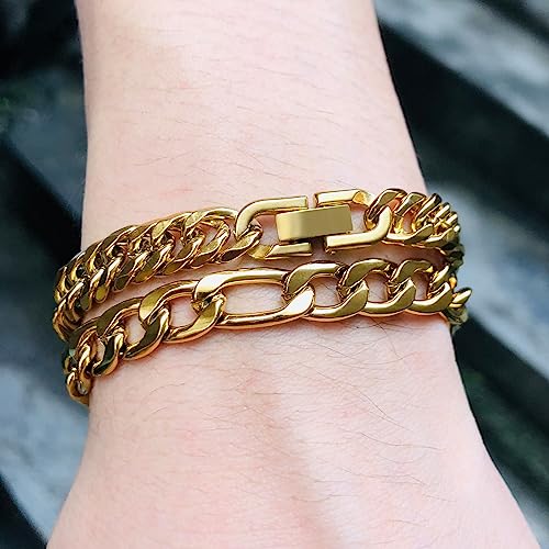 3PCS Figaro Necklace Bracelet Cuban Bracelet, Silver Gold Black Sturdy 316L Stainless Steel Cuban Link Figaro Chain for Men Jewelry Set with Gift Message Card 8mm, 7/8/9 Inches - color: Gold, size: Bracelet width:7 inches