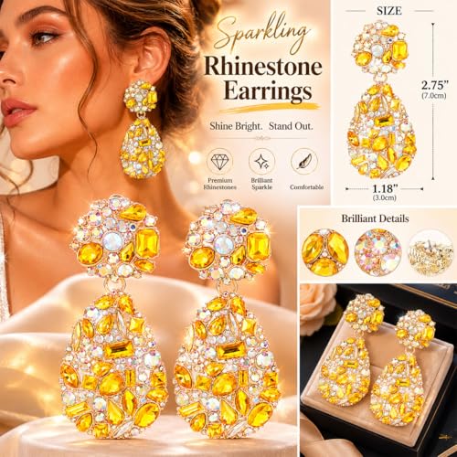 Rhinestone Statement Earrings Teardrop Costume Earrings Cluster Crystal Chandelier Drop Dangle Earrings for Women - color: Golden Yellow