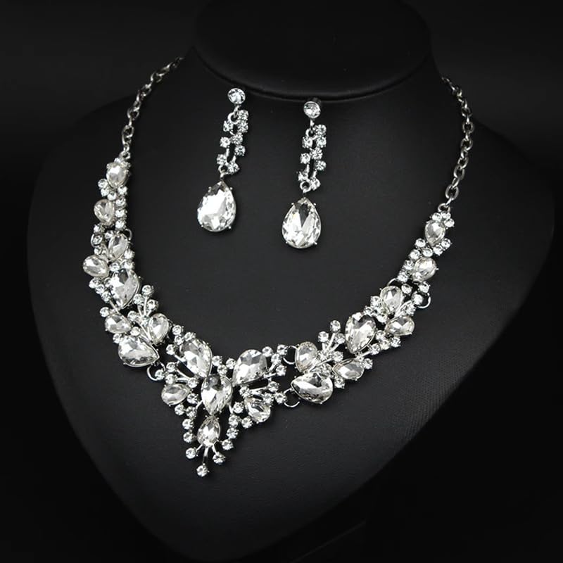Crystal Bridal Jewelry Set, Floral Statement Necklace, Earrings, Bracelet, Wedding Accessories - color: White