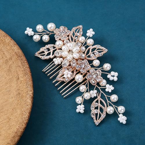 Flower Leaf Design Wedding Hair Comb, Metal Bridal Hair Accessory with Rhinestone, Wedding Prom Hair Clip Headpiece for Women (Gold Flower CZ) - color: Gold Flower CZ