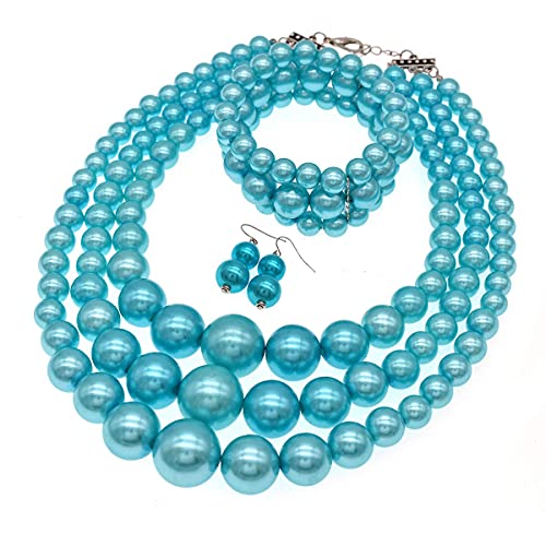 JNF Faux Pearl Statement Necklaces Big Beaded Necklace for Women Chunky Pearls Necklace and Earring Set Large beads Costume Necklace - color: Sky Blue pearl necklace