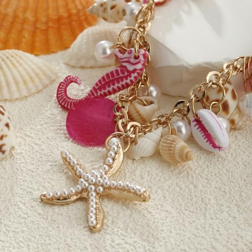 RUOFFETA Shell Starfish Necklace Bracelet Conch Statement Chunky Necklace Mermaid Costume Jewelry Beach Jewelry for Women - style: Necklace Hot Pink