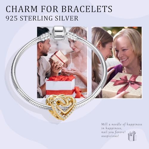 14K Gold Plated Silver Charms for Pandora, Women Heart Family Love Pet Animal Bead Dangle for Bracelets Necklace Jewelry Gift - color: B-Golden- Twisted Heart
