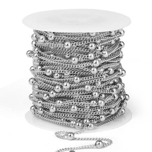 33FT 2mm Stainless Steel Satellite Bead Chains Roll Bulk for Jewelry Making | 304 Stainless Steel Ball Beaded Twisted Curb Link Chains Spool for DIY Craft - color: Stainless Steel Big Beads Satellite Curb Chain