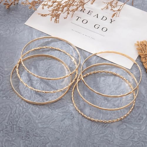 6 Pcs Gold Plated Bracelet Set for Women: Bangles, Cuffs & Dainty Chains | 14K Mixed Stackable Bracelets for Layered Look, Complete Jewelry Collection Gift - color: Color1