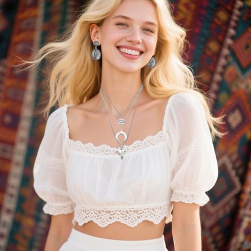 Western Jewelry Sets for Women Boho Jewelry, Layer Bohemian Necklace Earrings Bracelet, Cowgirl Accessory Rodeo Summer Beach - color: Silver, Brown