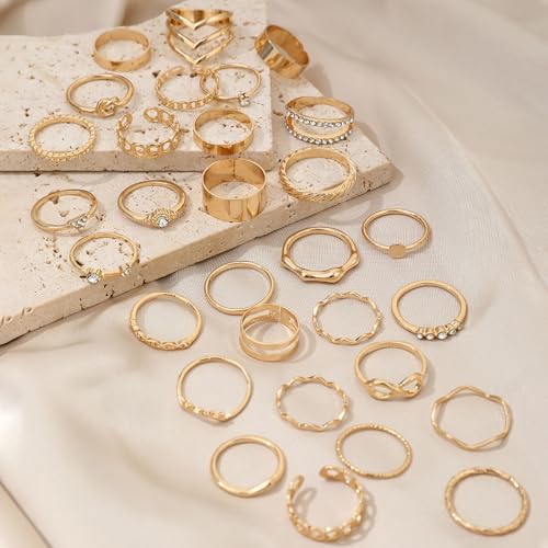 Gold Rings for Women Non Tarnish Stackable Rhinestone Moon Star Rings Dainty Stacking Pearl Butterfly Midi Pinky Thumb Joint Finger Knuckle Ring Set Gold Non Tarnish Jewelry Gifts Trendy Stuff - color: A Gold Stackable Rings 30Pcs