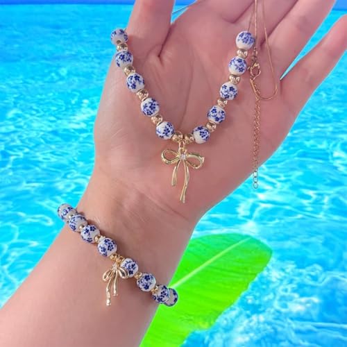 3PCS Bow Beaded Jewelry Set for Women Vintage Handmade Flower Blue And White Porcelain Enamel Ribbon Necklace Bracelet and Earrings Bow Christmas Birthday Holiday Charm Romantic Jewelry Gifts - style: Blue