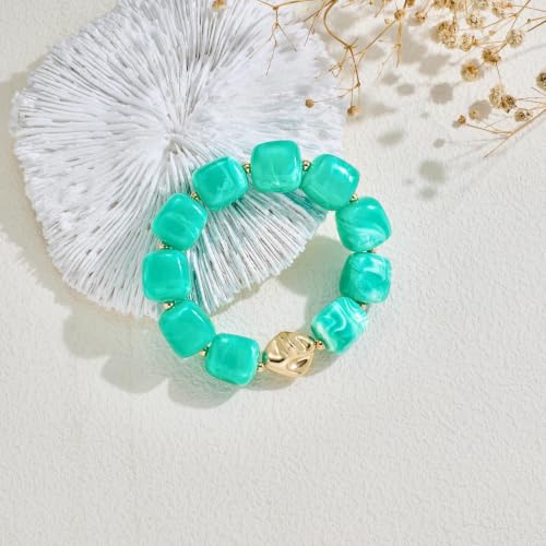 Bead Bracelet for Women Vibrant Color Resin Beads Bracelets Elastic Stretch Chunky Bracelet Boho Summer Beach Vacation Jewelry - color: Lake Blue