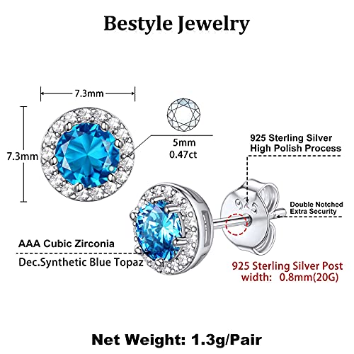 Bestyle Sparkling 925 Sterling Silver Birthstone Stud Earrings for Women, Heart/Round/Teardrop/Square Solitaire Diamond Studs Earrings, Great Birthday/Christmas Gifts - style: 12. Blue Topaz-Dec.-round