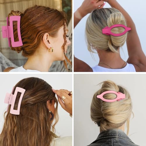 CHANDAT Hair Clips for Women, Flat Hair Clips, 8 pcs, 2style - Pink | 4.3 Inch Large Square Hair Claw Clips & Flat Hair Clips, Thick & Thin Hair, Hair Accessories for Women, Strong Hold Non-Slip - color: Pink