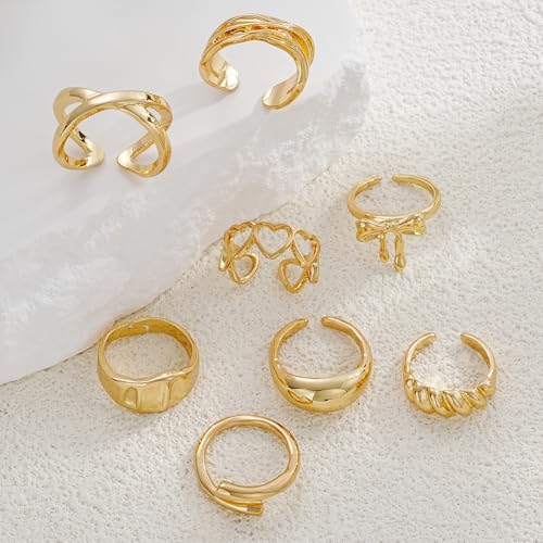 FAXHION 12PCS Gold Stackable Rings Set for Women, 18K Gold Plated Open Stacking Knuckle Ring, Adjustable Chunky Signet Band Statement Ring for Gift - color: 0-Gold Open