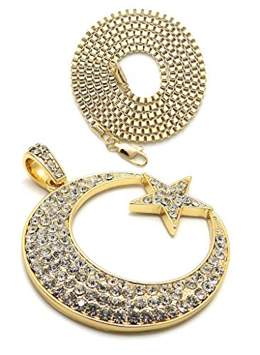 Fashion 21 Unisex Iced Out Crescent Moon & Star Pendant 24" Various Chain Necklace in Gold, Silver Tone - color: Gold / 2mm 24" Box Chain