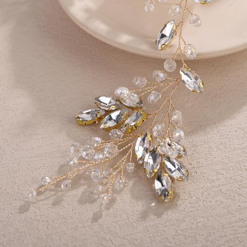 Teyglen Gold Flower Rhinestone Bride Wedding Hair Vine Bridal Crystal Headband for Women Head Piece Wedding Hair Accessories for Women Bridesmaid Headpiece (Gold) - color: Gold