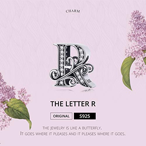 BISAER 925 Sterling Silver Initial Letter A-Z Charms for Bracelets Alphabet Beads Charm Jewelry Gifts - color: Letter R