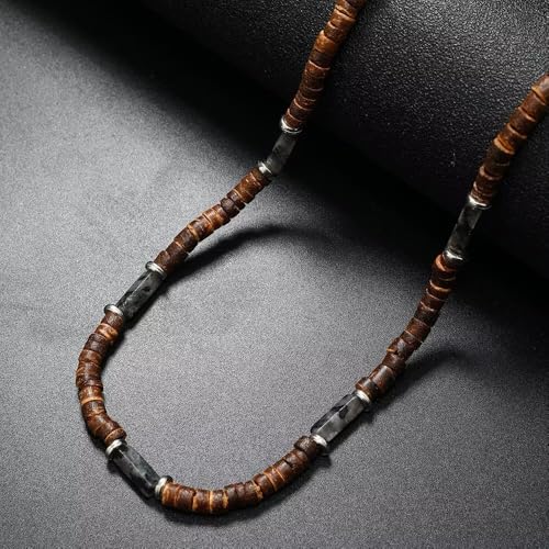 Handmade Wooden Beads Choker Necklace for Men Women Bohemian Coconut Beaded Surfer Necklace Hawaiian Summer Beach Jewelry - color: Grey