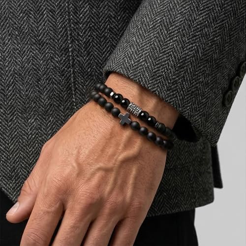 Flybar Men's 4 Piece Beaded Bracelet Set, Natural Lava Stone Black Onyx Matte Agate Tiger Eye, Stretchable Elastic Handmade Stackable - color: CK15 Matte Black Cross