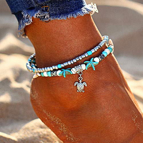 Softones Blue Starfish Turtle Anklet Multilayer Charm Beads Sea Handmade Boho Anklet Foot Jewelry for Women - style: F:2pcs Turtle Dolphin