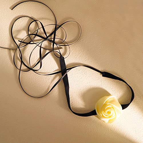 Black Choker Camellia Flower Lace-up Necklace For Women - color: Beige rose