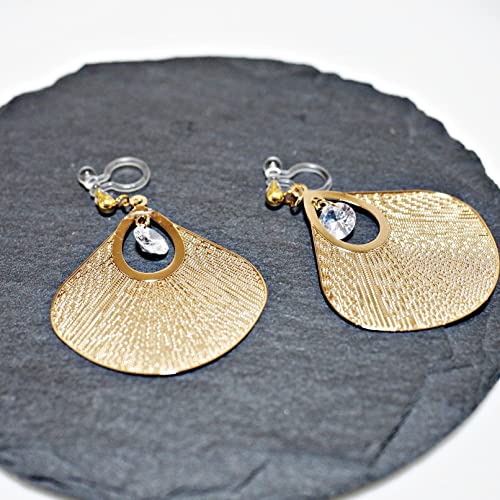 Drop Cubic Zirconia Invisible Clip On Earrings for Women Not Pierced Gold Teardrop Sqaure CZ Crystal Dangle Gold Silver Comfortable Clip On Earrings Bridal Wedding Prom - color: Fan Gold