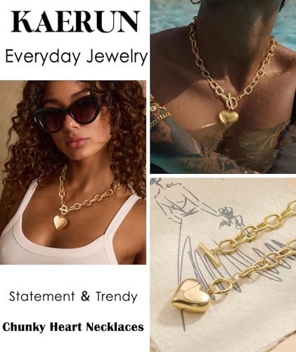 Chunky Gold Necklace for Women Trendy Non Tarnish 14K Gold Plated Paperclip Chain Charm Necklaces Chunky Heart Cross Clover Pearl Pendant Necklace with Toggle Clasp Statement Jewelry Gift for Women - color: A-Heart