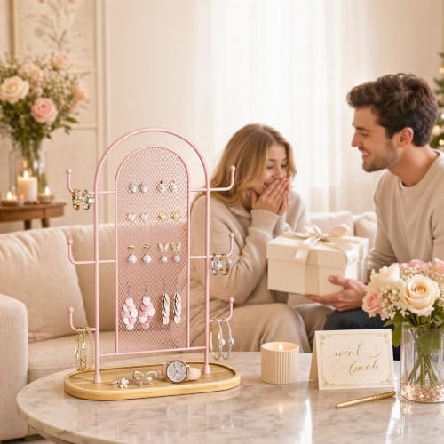 bussdis Jewelry Holder Organizer Earring Display - Earring Storage Tree Stands Towers With 6 Hooks 300 Studs Wood Tray Pink Metal Rack - color: Pink