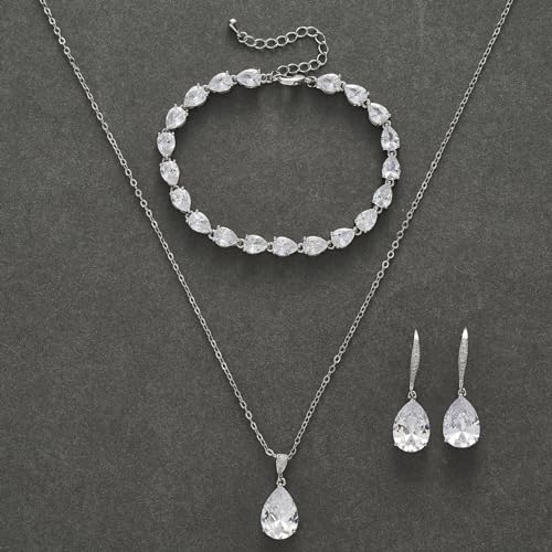SWEETV Bridal Wedding Jewelry Set for Brides,Teardrop Bridesmaids Jewelry Set - color: Silver 02