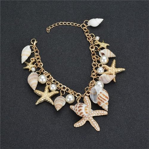 Spiritrain Handmade Starfish Seashell Pearl Bracelets for Women Gold Plated Bohemian Charm Sea Shell Couch Beads Adjustable Chain Anklet Bracelets Hawaiian Beach Holiday Mermaid Costume Jewelry Gifts - color: Gold