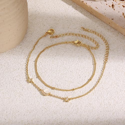 16K Gold Plated Bracelets Set for Women - Dainty Layered Adjustable Hand Chain Bracelet with Cubic Zirconia, Cute Jewelry Gift for Her, Waterproof Hypoallergenic - color: Moon and Star
