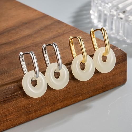 Jade Earrings for Women Chunky Hoop Double Hoop Jade Dangle Earrings Crystal Huggie Jewelry - color: A1:gold white jade earrings