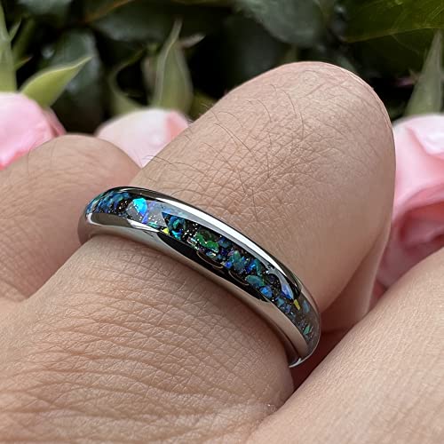 TUTISS 4mm Silver/Black Tungsten Rings for Women Men Engagement Wedding Bands Genuine Blue Green Galaxy Opal Inlay Domed Polished Comfort Fit - color: 4mm Tungsten Galaxy Opal
