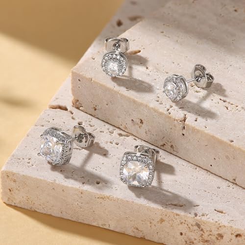 18K Gold Plated Halo Stud Earrings 925 Sterling Silver Cubic Zirconia Stud Earrings Round Square Diamonique Stud Earrings Set for Women Men - color: Silver1