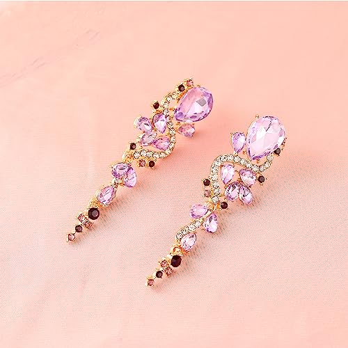 Fashion Rhinestone Statement Drop Dangle Earrings Long Colorful Crystal Bridal Wedding Teardrop Chandelier Earrings for Women Prom Pageant - color: Purple