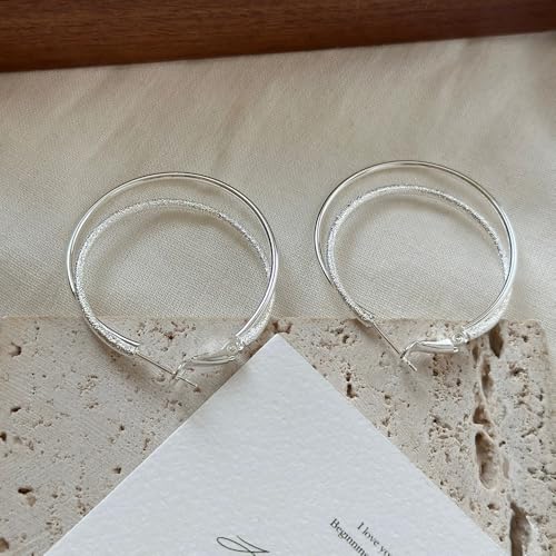 Double Hoop Earrings for Women,925 Sterling Silver Earrings Hoop Post 14K Gold Hoops Non Tarnish Sturdy backless earrings for women,Large Thin Lightweight Hypoallergenic 40mm,Trendy Jewelry Gift - color: Silver