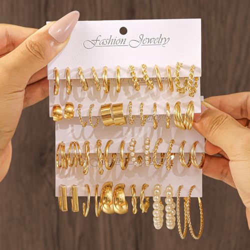 14K Gold Plated Geometric Hoop Earrings for Women Chunky Hypoallergenic Thick Lightweight Jewelry - color: Gold-24 Pairs-B