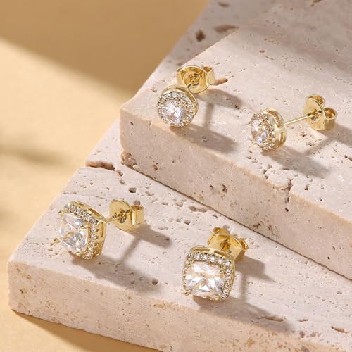 18K Gold Plated Halo Stud Earrings 925 Sterling Silver Cubic Zirconia Stud Earrings Round Square Diamonique Stud Earrings Set for Women Men - color: Gold1