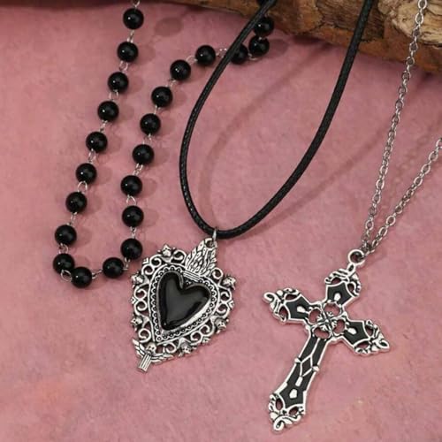 Gothic Necklaces for Women Cross Heart Pendant Layered Necklace Statement Jewelry Dark Romantic Gift for Halloween Parties - color: A:black