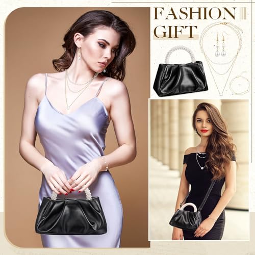Liliaafar 4 Pcs Evening Clutch Purse with Pearl Jewelry Sets,Clutch Bag Pearl Earrings Necklace Bracelet for Wedding Party - color: Black, style: Leather Ruched