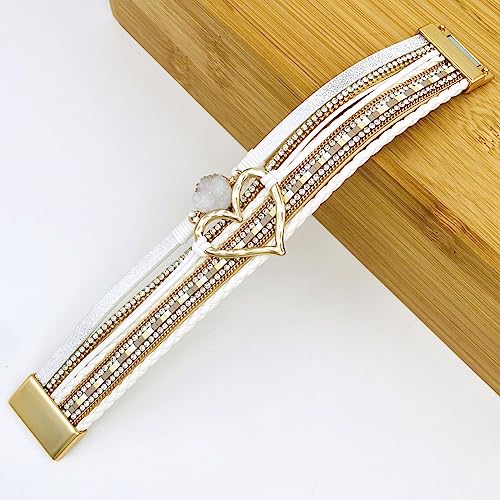 Womens Love Heart Leather Wrap Bracelet Multi-layer Stacked Bangle | Magnetic Clasp Soft PU Leather Resin Stone Rhinestone Boho Style Birthday Valentine Christmas Bohemian Jewelry Gift - color: White