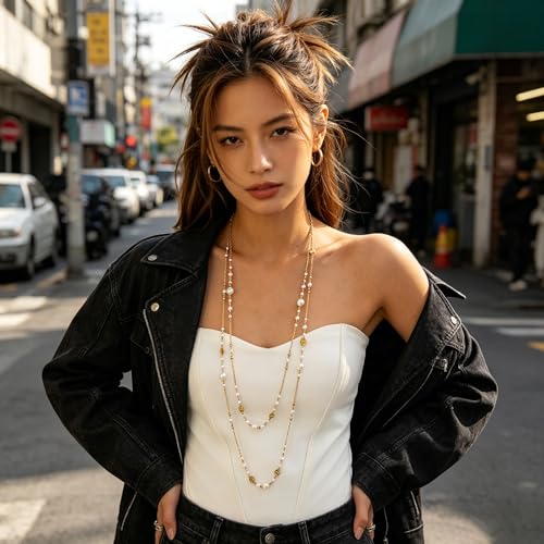 Long Pearl Necklaces for Women Pearl Long Chain Necklace Gold Chain Dainty Delicate Station Necklace Jewelry for Dress Party - color: Gold 2Pcs