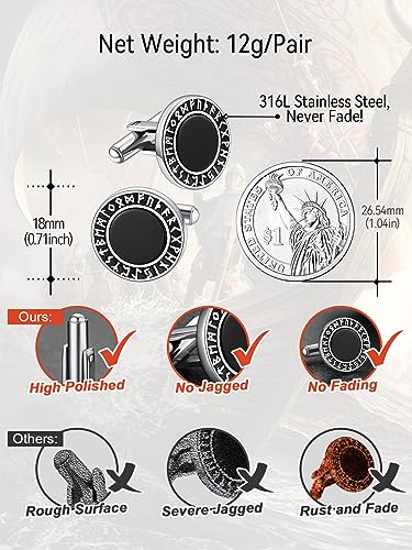 FaithHeart Mens Cufflinks, Norse Viking Tuxedo Shirt Cuff Links, Stainless Steel Cuff Links and Shirt Studs, Gift Box - style: 03. Black Onyx-Silver