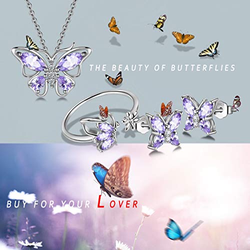 925 Sterling Silver Birthstone Butterfly Jewelry Women Crystal Animal Cute Butterflies Birthday Necklace/Earring/Ring/Bracelet Sets Birth Stone Statement Anniversary Jewellery - color: 2-F.June-Alexandrite