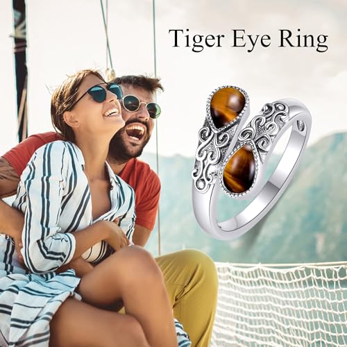 Ring for Women Sterling Silver Adjustable Band Open Rings Jewelry Gifts for Girls - style: Tiger Eye